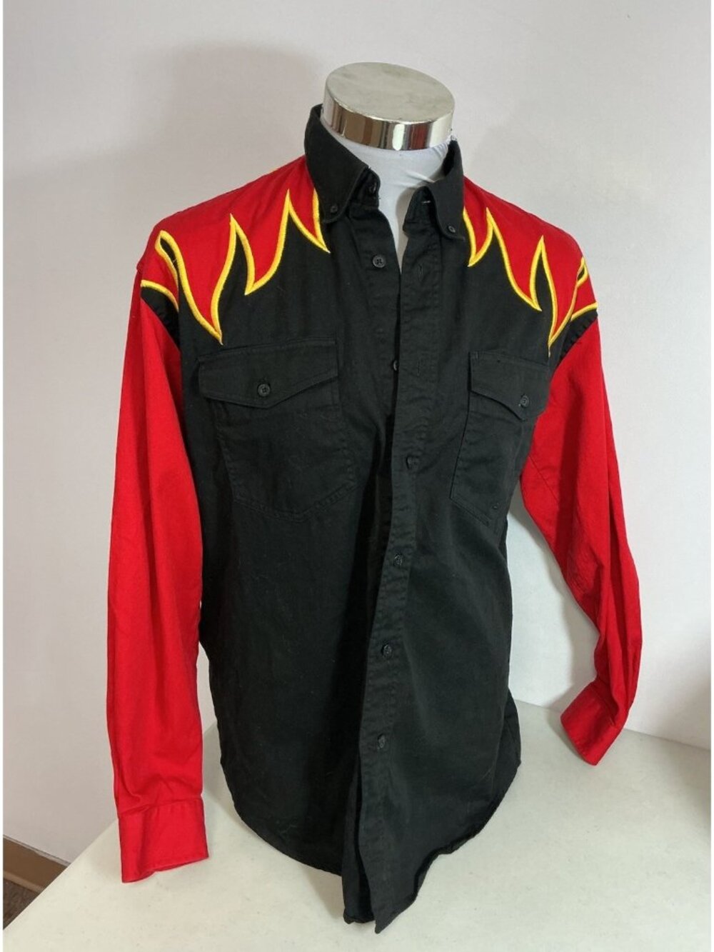 Roper Western Shirt Red Flame Embroidered Long Sleeve Snap Front Mens Medium